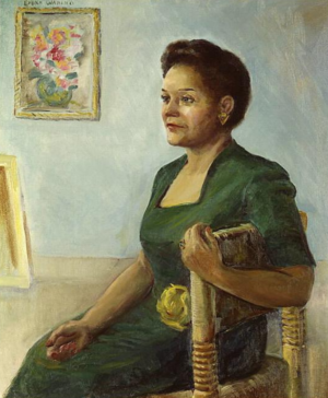 Painted Portait of Jessie Redmon Fauset Sitting in a Chair in a Green Dress Facing to the Left with a Painting Behind Her
