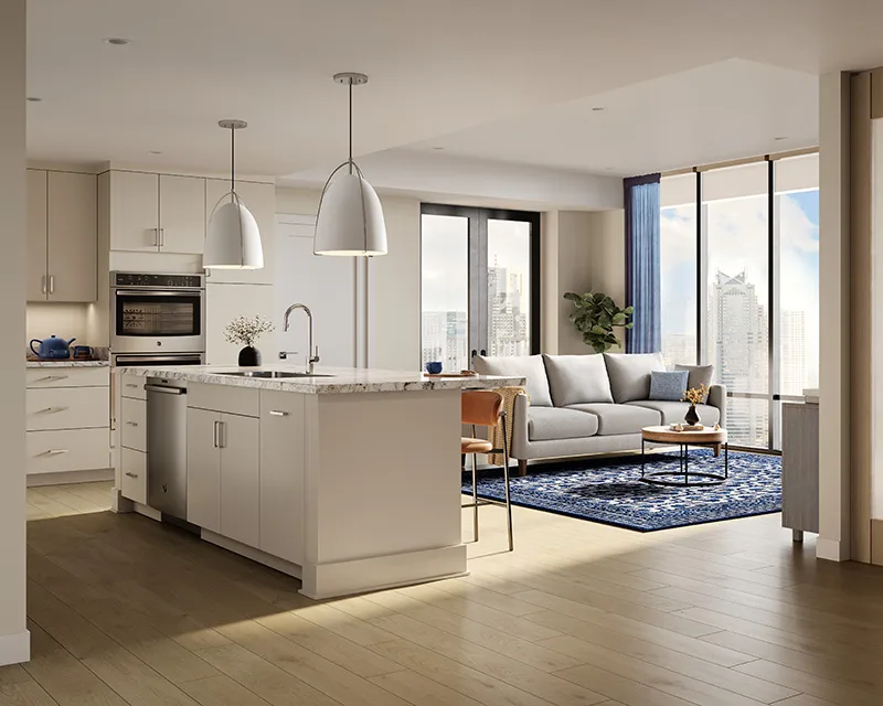 Kitchen and living area of a modern apartment